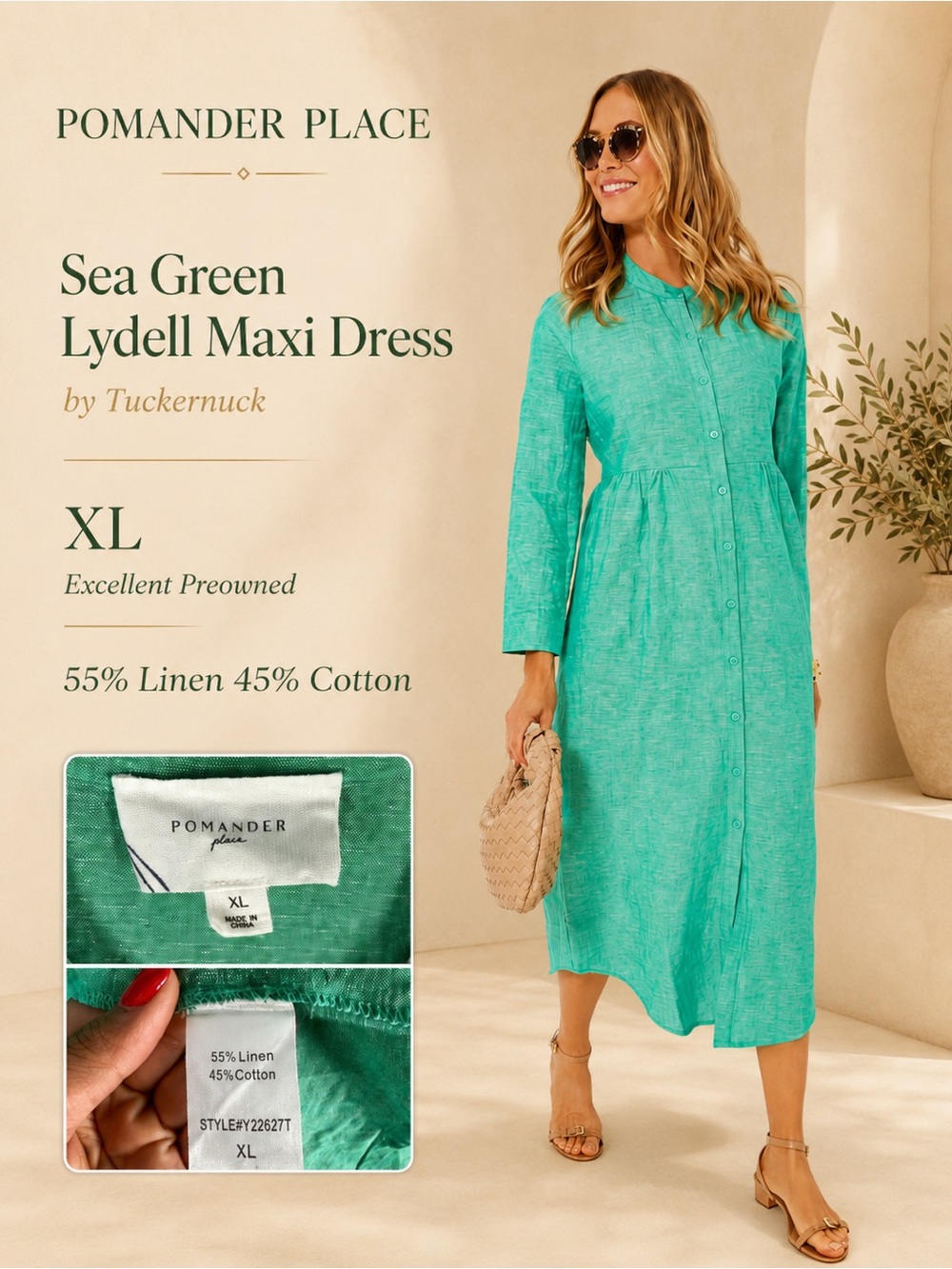 Pomander Place by Tuckernuck Sea Green Lydell Maxi Dress XL Linen Cotton